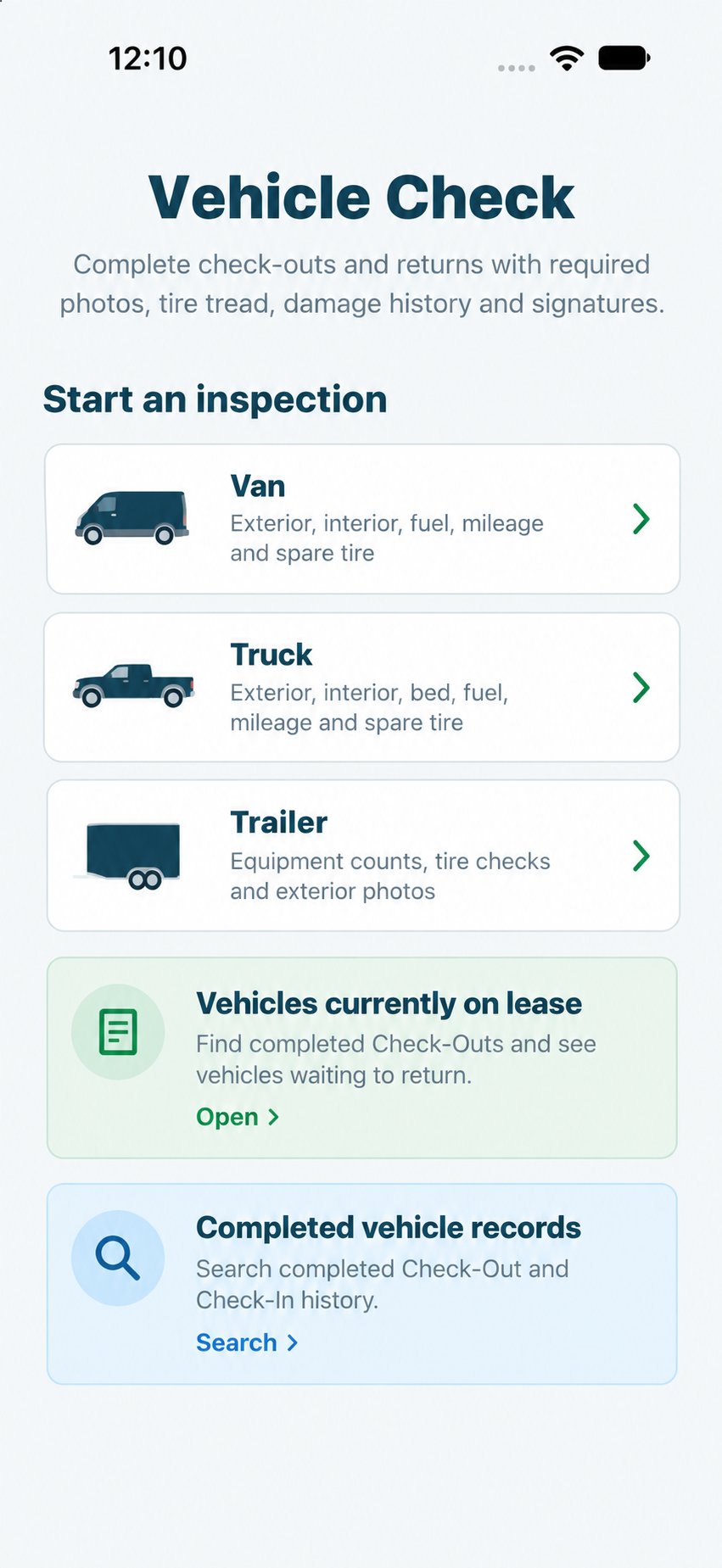 Vehicle Check app vehicle-selection screen with customer branding removed